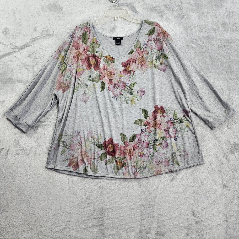 Leebe Top Womens 3X Gray Floral V-Neck 3/4 Sleeve Tunic Stretch Lightweight